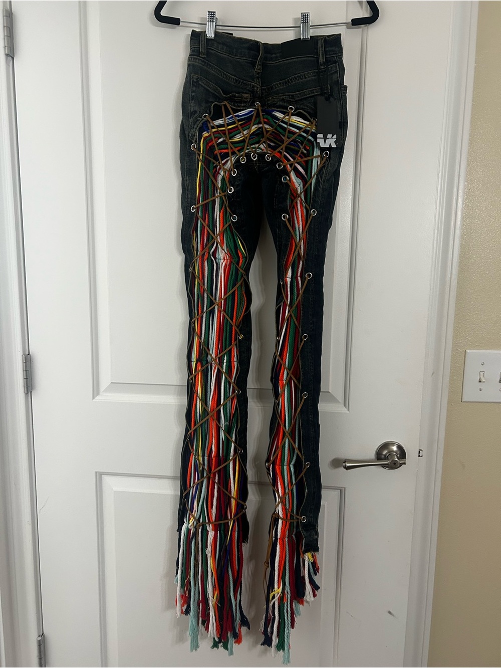 Black Straight-Leg Jeans with Multicolor Lace-Up Fringe